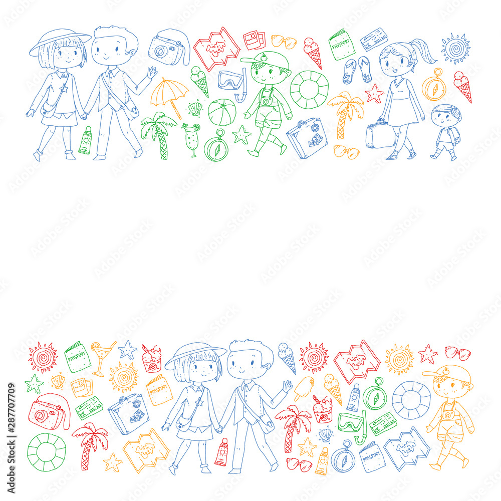 Vector pattern with travel and beach icons. Parents with little kids. Children summer vacation.