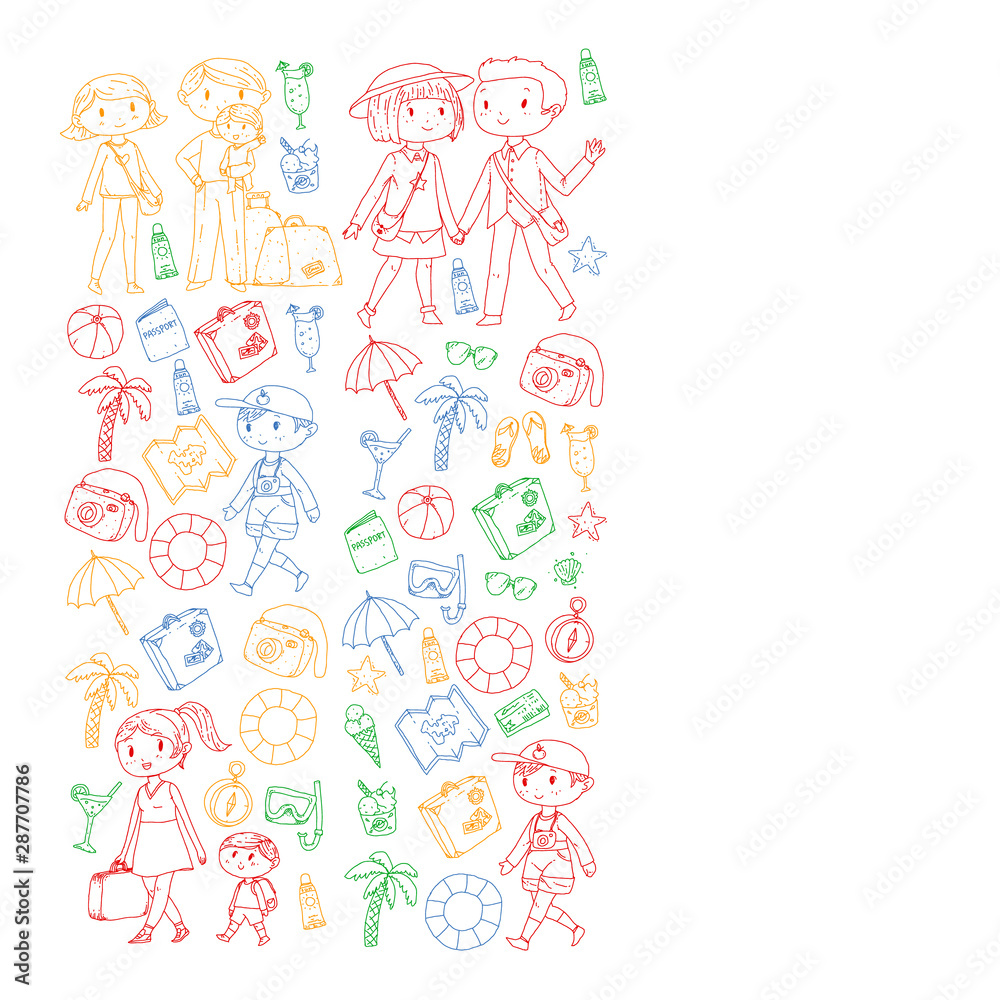 Vector pattern with travel and beach icons. Parents with little kids. Children summer vacation.