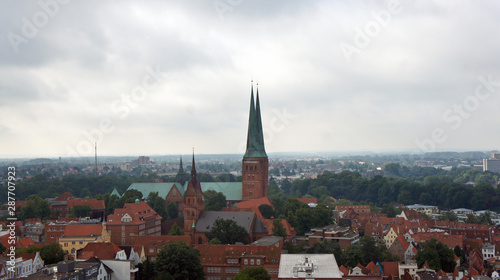 Aerial view of church in old town, beautiful architecture, Lubeck, Germany