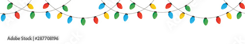 Vector Colorful Retro Holiday Christmas New Year Hanging String Lights Isolated Horizontal Seamles Border Background
