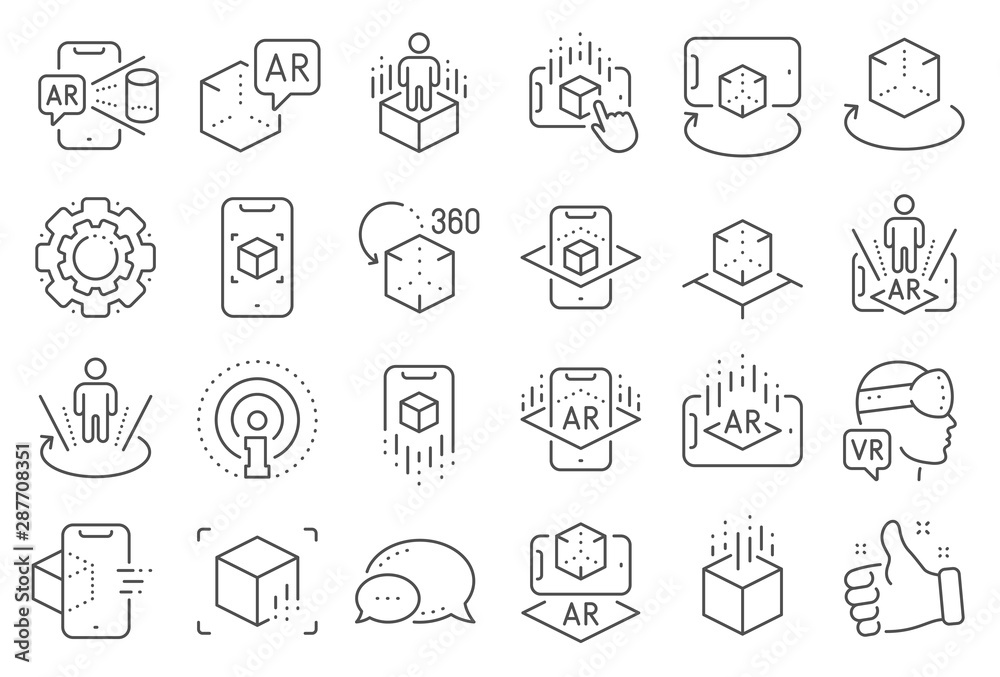 Augmented reality line icons. VR simulation, Panorama view, 360 degree. Virtual reality gaming, augmented, full rotation arrows icons. 360 vr tour, virtual simulation device. Line signs set. Vector Augmented reality line icons. VR simulation, Panorama view, 360 degree. Virtual reality gaming, augmented, full rotation arrows icons. 360 vr tour, virtual simulation device. Line signs set. Vector