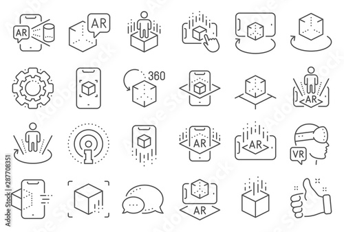 Augmented reality line icons. VR simulation, Panorama view, 360 degree. Virtual reality gaming, augmented, full rotation arrows icons. 360 vr tour, virtual simulation device. Line signs set. Vector