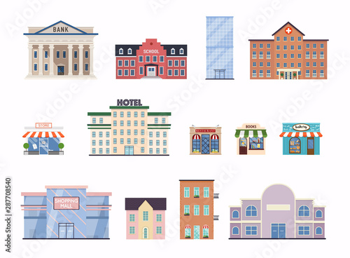 Flat city buildings. School, bank, shop, contemporary office center, hospital facade and city hall building.