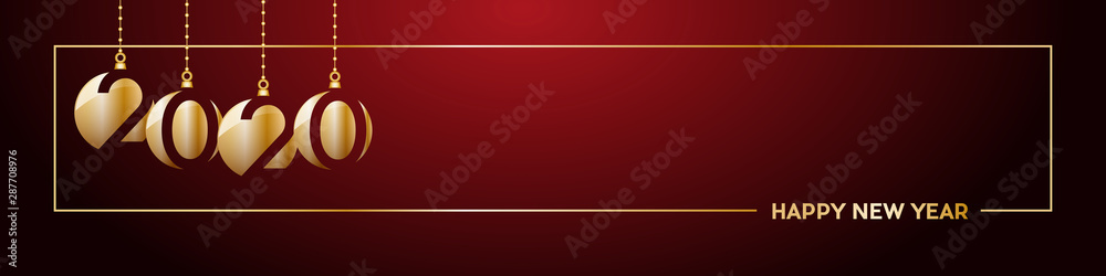 2020 Happy New Year header on red background. Golden text with frame, banner