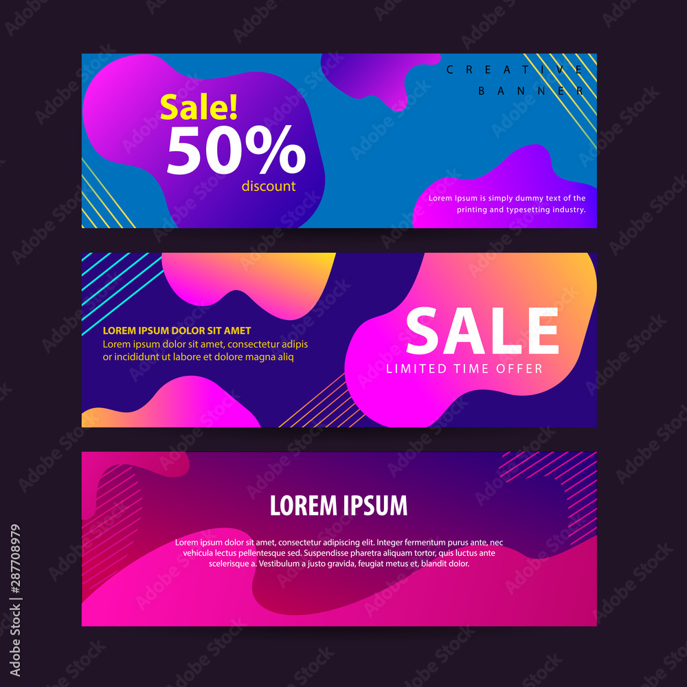 Set of abstract modern graphic liquid banners with Dynamical colored forms and line. Gradient abstract banners with flowing liquid shapes.