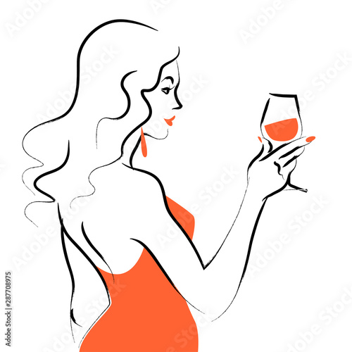 Vector hand drawn portrait of young beautiful lady in red dress with wine glass isolated on white background. Hand drawn sketch minimal style. Concept for ladies night party, bar, happy cocktail hour.