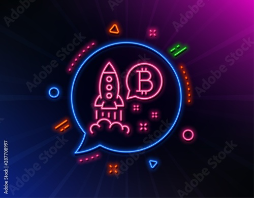 Bitcoin line icon. Neon laser lights. Cryptocurrency startup sign. Crypto rocket symbol. Glow laser speech bubble. Neon lights chat bubble. Banner badge with bitcoin project icon. Vector