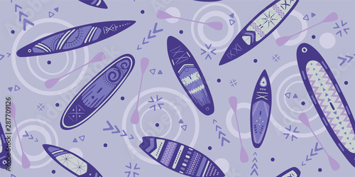 Stand Up Paddle Boarding SUP surfing elements cute seamless pattern vector illustration with supboard, paddle, waves in scandinavian style design on a violet background.
