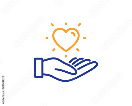Friends love sign. Hold heart line icon. Brand ambassador hand symbol. Colorful outline concept. Blue and orange thin line hold heart icon. Vector