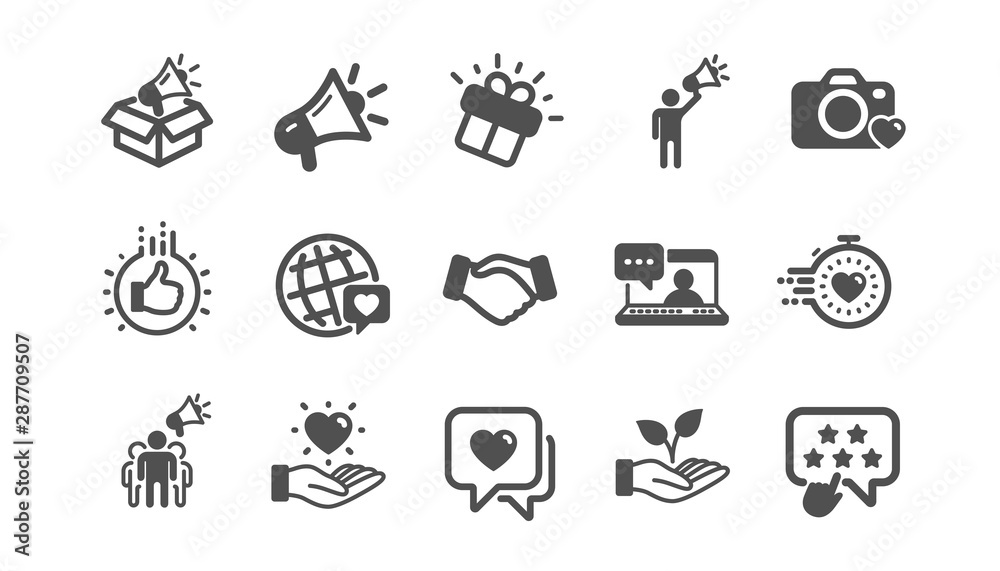 Naklejka premium Brand ambassador icons. Influence people, Megaphone and Representative. Handshake, influencer marketing person, ambassador person icons. Classic set. Quality set. Vector