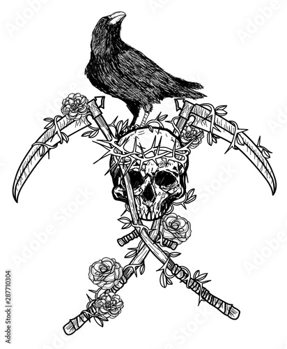 Tattoo art crow wearing a crown on a skull