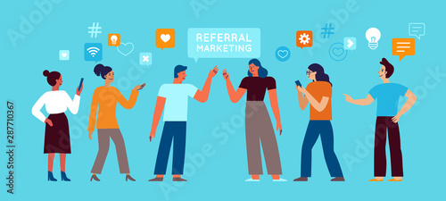 Vector illustration in flat simple style with characters - influencer marketing concept and referral loyalty program