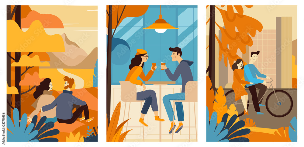 Obraz premium Autumn greeting cards - vector illustration in simple style with characters