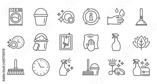 Cleaning line icons. Laundry, Window sponge and Vacuum cleaner. Washing machine linear icon set. Quality line set. Vector