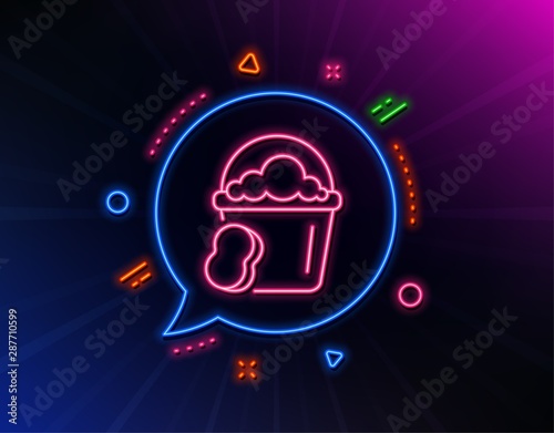 Cleaning bucket with sponge line icon. Neon laser lights. Washing Housekeeping equipment sign. Glow laser speech bubble. Neon lights chat bubble. Banner badge with sponge icon. Vector