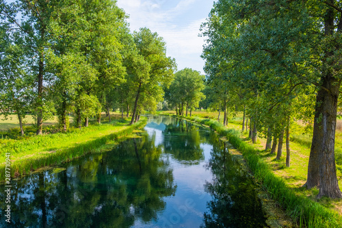 Beautiful Gacka river flowing between trees and fields, summer view, Lika region of Croatia