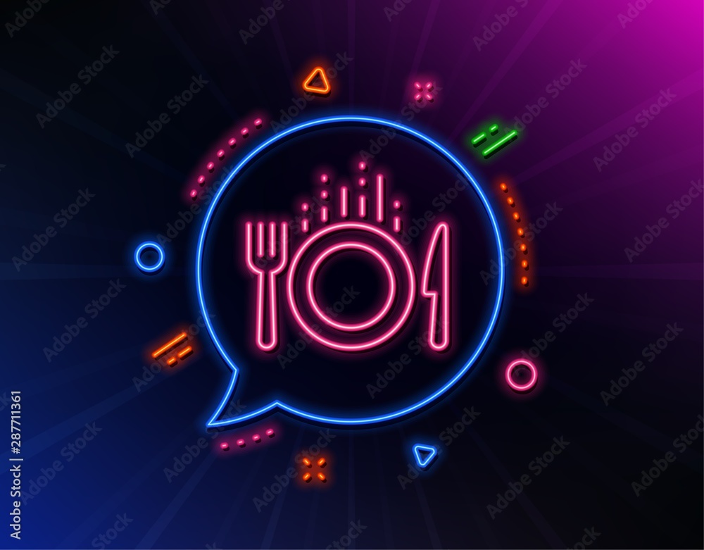 Food line icon. Neon laser lights. Cutlery sign. Fork, knife symbol. Glow laser speech bubble. Neon lights chat bubble. Banner badge with food icon. Vector