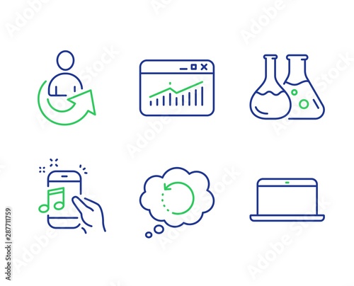 Recovery data, Share and Music phone line icons set. Website statistics, Chemistry lab and Laptop signs. Backup info, Referral person, Radio sound. Data analysis. Education set. Vector
