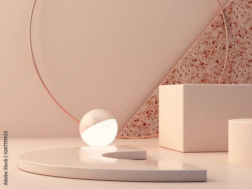 Minimal scene with podium and abstract background. Geometric shapes. Pastel colors scene. Minimal 3d rendering. Scene with geometrical forms and textured background for cosmetic product. 3d render. Minimal scene with podium and abstract background. Geometric shapes. Pastel colors scene. Minimal 3d rendering. Scene with geometrical forms and textured background for cosmetic product. 3d render.