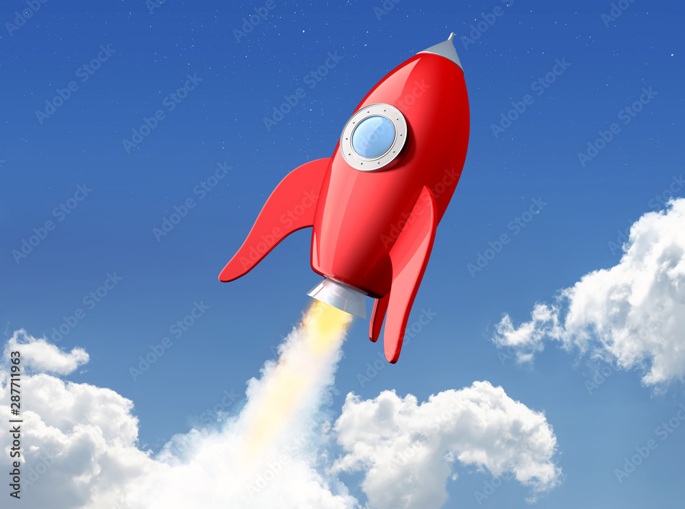 3D rendering of cartoon funny red rocket launching in the clouds. File contains a path to isolation for spaceship. - obrazy, fototapety, plakaty 
