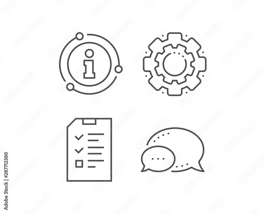 Checklist Document line icon. Chat bubble, info sign elements. Information File sign. Paper page concept symbol. Linear interview outline icon. Information bubble. Vector Checklist Document line icon. Chat bubble, info sign elements. Information File sign. Paper page concept symbol. Linear interview outline icon. Information bubble. Vector