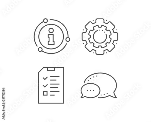 Checklist Document line icon. Chat bubble, info sign elements. Information File sign. Paper page concept symbol. Linear interview outline icon. Information bubble. Vector