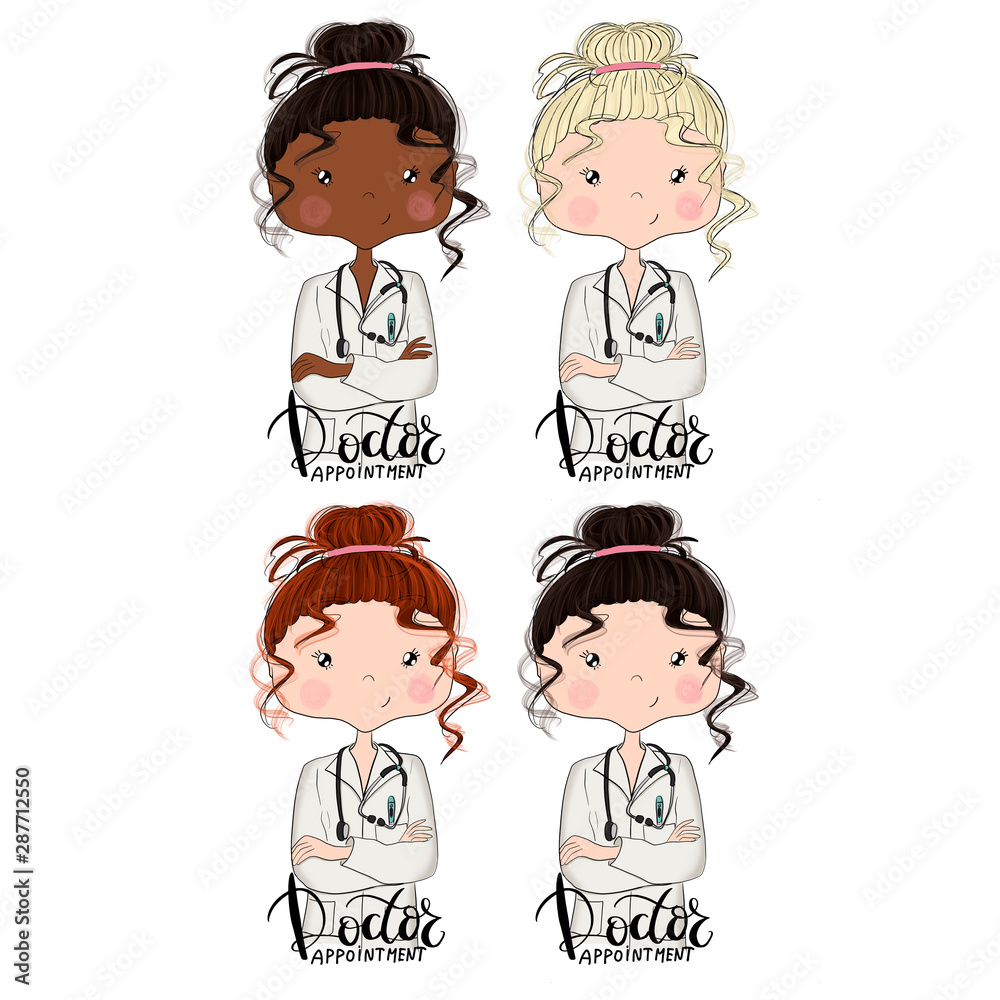 Set Brunette Blonde African American Red Hair Girls Doctor Appointment Isolated On A White Background Hand Drawn Illustration
