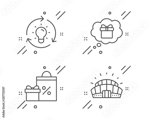 Idea, Shopping and Gift dream line icons set. Sports stadium sign. Lightbulb, Gifts and sales, Receive a gift. Championship arena. Line idea outline icon. Vector