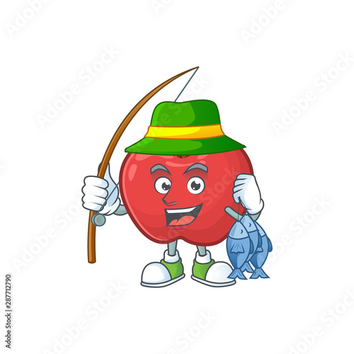 Fishing red apple funny character for vegetarian cartoon