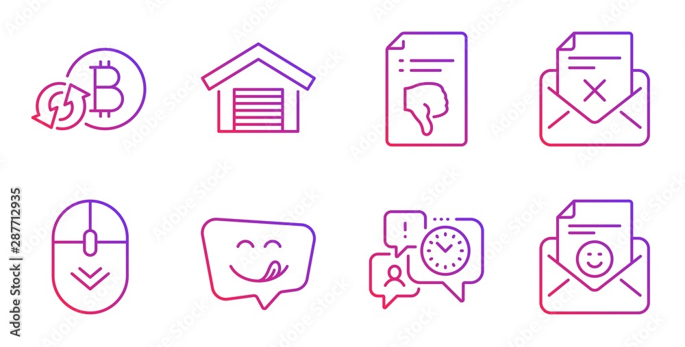 Yummy smile, Reject letter and Time management line icons set. Scroll down, Parking garage and Refresh bitcoin signs. Thumb down, Smile symbols. Emoticon, Delete mail. Technology set. Vector Yummy smile, Reject letter and Time management line icons set. Scroll down, Parking garage and Refresh bitcoin signs. Thumb down, Smile symbols. Emoticon, Delete mail. Technology set. Vector