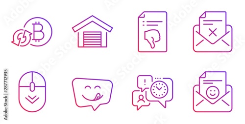 Yummy smile, Reject letter and Time management line icons set. Scroll down, Parking garage and Refresh bitcoin signs. Thumb down, Smile symbols. Emoticon, Delete mail. Technology set. Vector