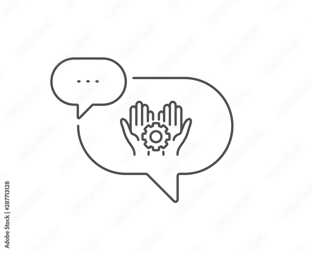 Employee hands line icon. Chat bubble design. Work gear sign. Development cogwheel symbol. Outline concept. Thin line employee hand icon. Vector