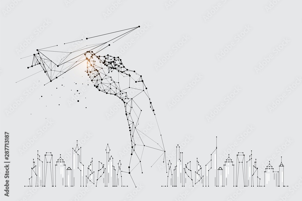 Naklejka premium The particles, geometric art, line and dot of flying paper rocket.