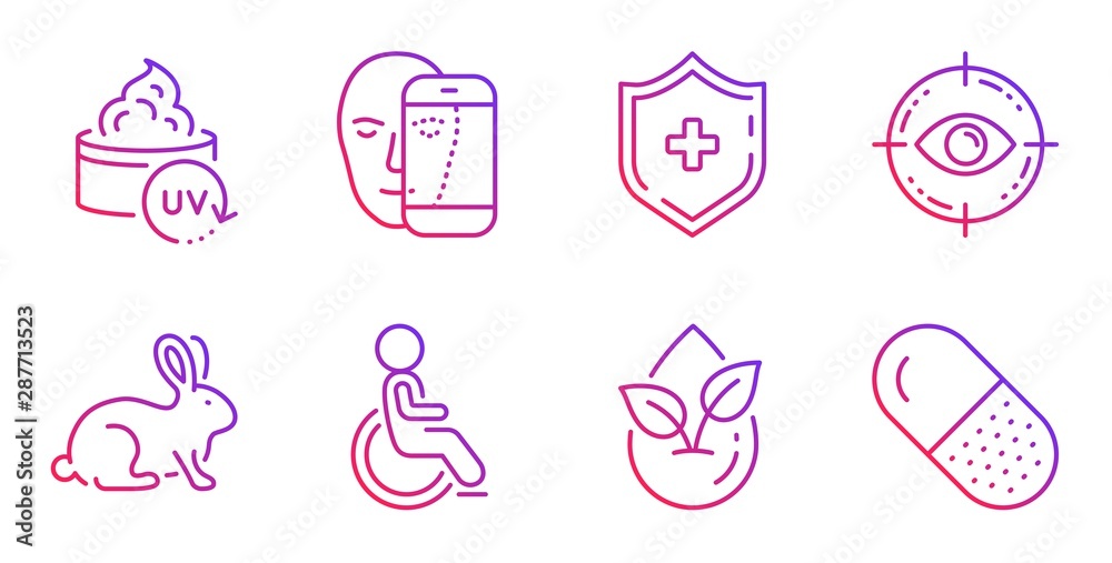 Eye target, Medical shield and Organic product line icons set. Animal tested, Uv protection and Face biometrics signs. Disabled, Capsule pill symbols. Optometry, Medicine protection. Vector Eye target, Medical shield and Organic product line icons set. Animal tested, Uv protection and Face biometrics signs. Disabled, Capsule pill symbols. Optometry, Medicine protection. Vector