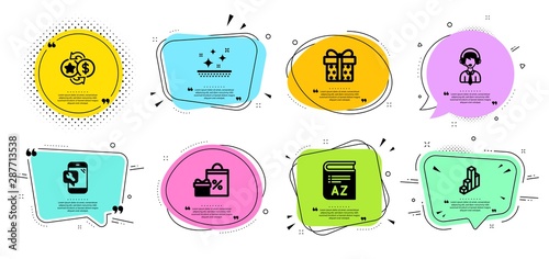 Shopping, Phone repair and Vocabulary line icons set. Chat bubbles with quotes. Clean skin, Shipping support and 3d chart signs. Loyalty points, Gift box symbols. Vector