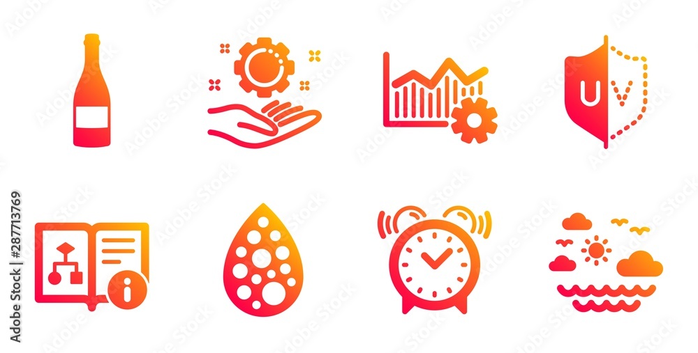 Champagne bottle, Employee hand and Technical algorithm line icons set. Uv protection, Alarm clock and Artificial colors signs. Operational excellence, Travel sea symbols. Vector