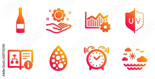 Champagne bottle, Employee hand and Technical algorithm line icons set. Uv protection, Alarm clock and Artificial colors signs. Operational excellence, Travel sea symbols. Vector