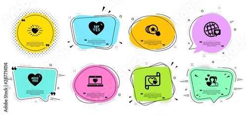 Heart, Miss you and Web love line icons set. Chat bubbles with quotes. World brand, Couple and Hold heart signs. Say yes, Love letter symbols. Social network, Valentines day. Love set. Vector