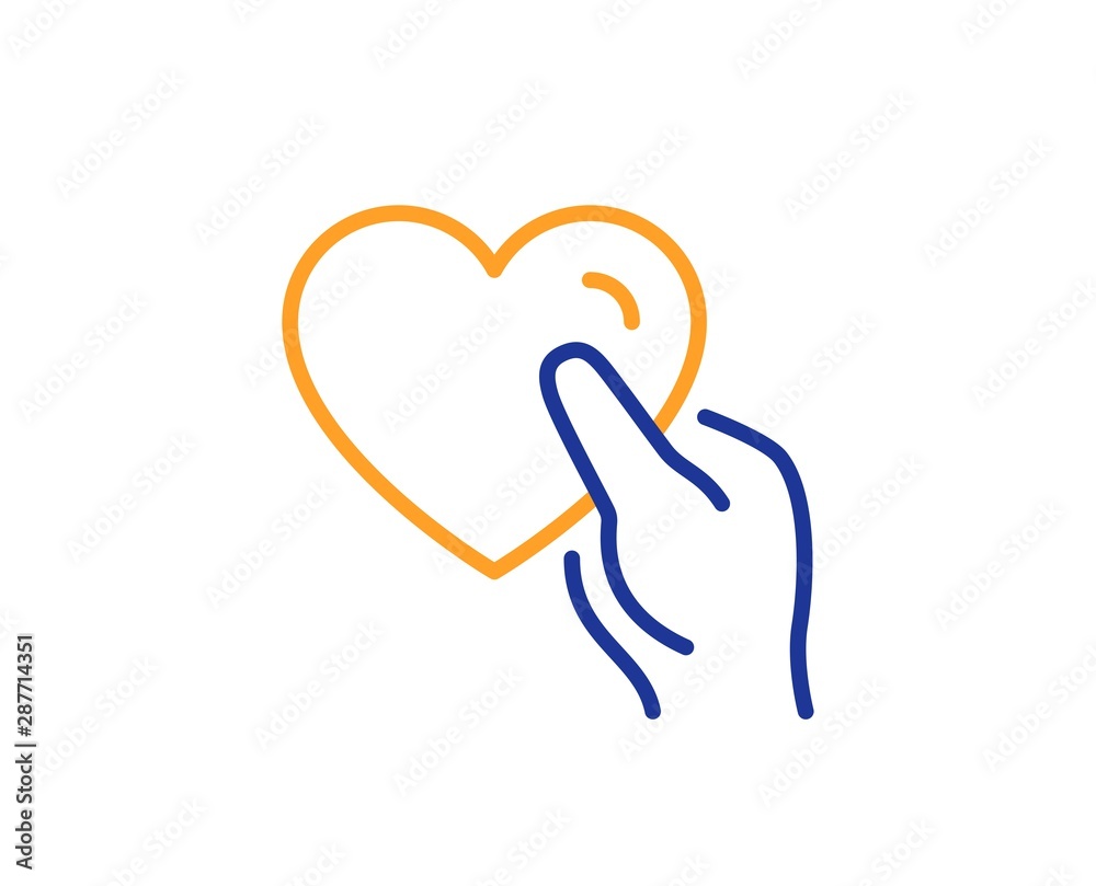 Obraz premium Friends love sign. Hold heart line icon. Friendship hand symbol. Colorful outline concept. Blue and orange thin line hold heart icon. Vector