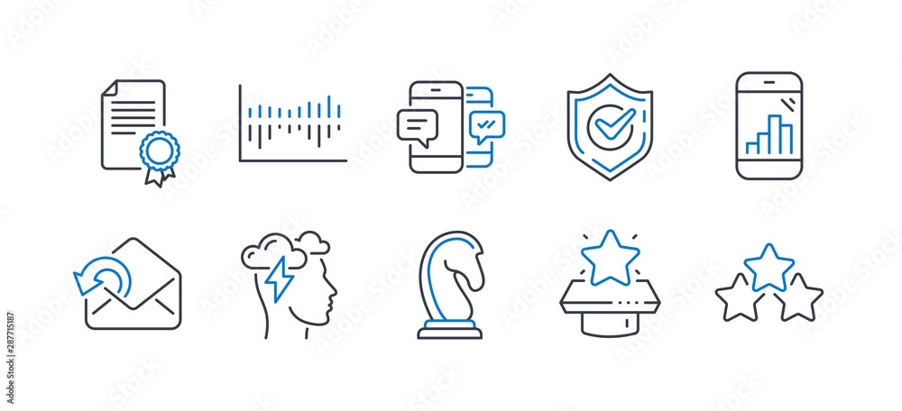 Set of Education icons, such as Column diagram, Smartphone sms, Send mail, Confirmed, Certificate, Marketing strategy, Graph phone, Mindfulness stress, Winner podium, Ranking stars. Vector
