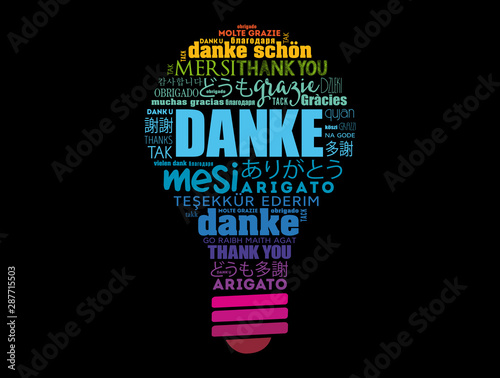 Danke (Thank You in German) light bulb word cloud in different languages