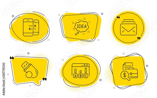 Idea, Flash memory and Accounting report signs. Chat bubbles. Mail, Survey results and Phone communication line icons set. New messages, Best answer, Incoming and outgoing calls. Vector
