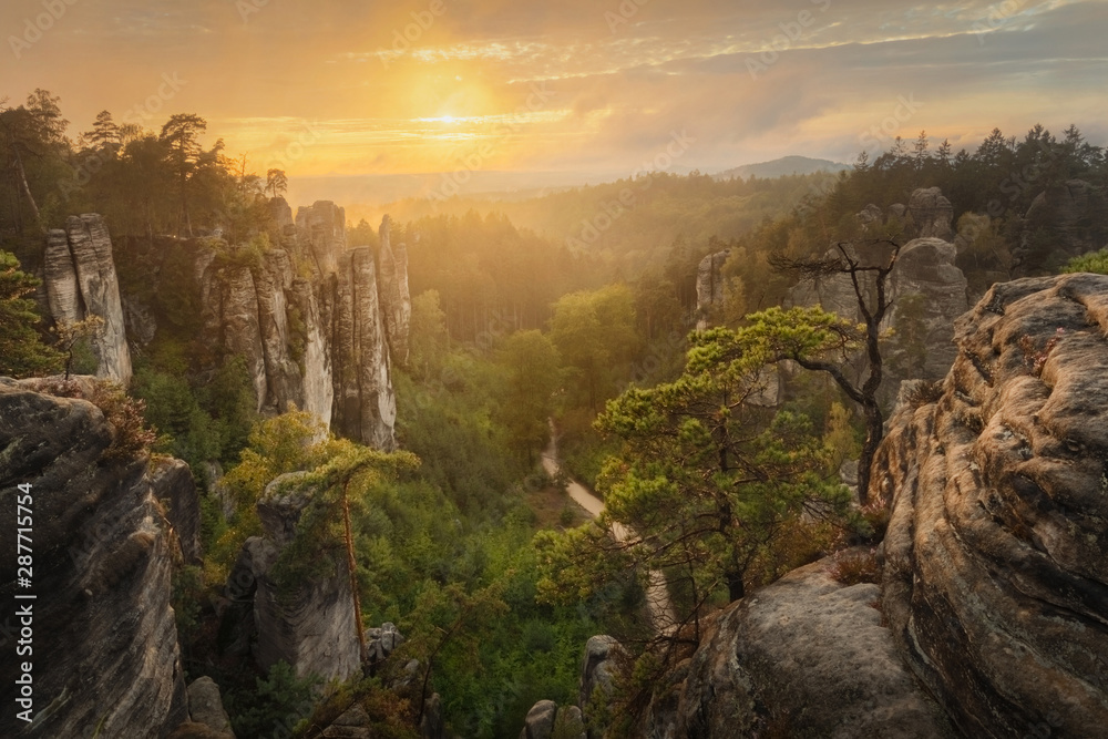 Fairy sunset over Prachovske skaly - Rock towns and formations, Czech Republic