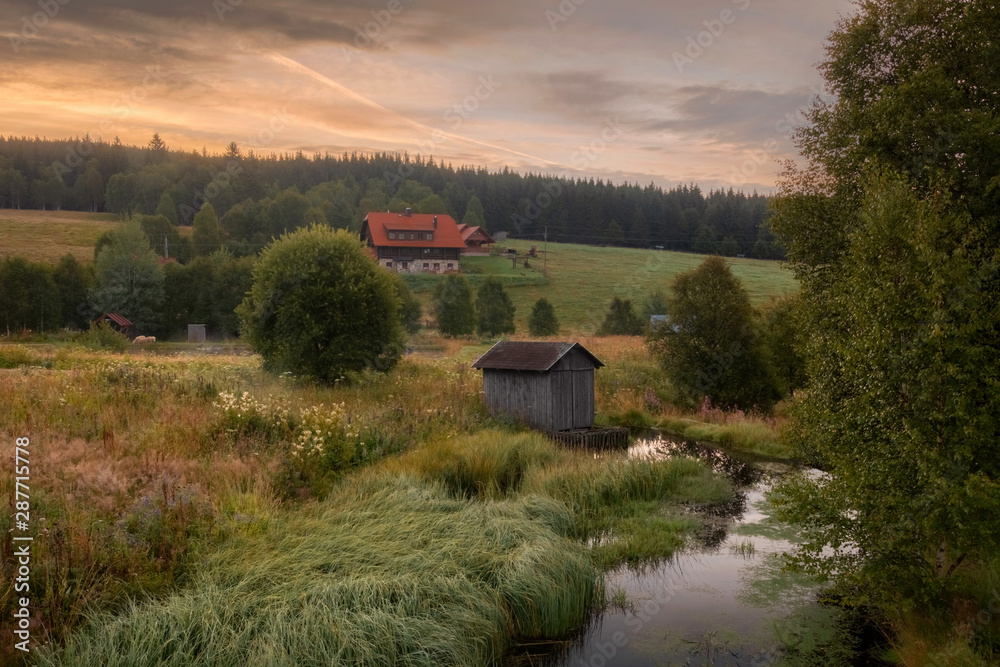 Beautiful morning in small village Horska Kvilda, Sumava, Czech Republic