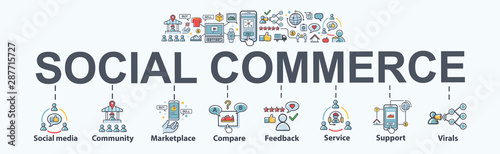 Social commerce banner web icon for e-commerce and social media marketing, community, platform, feedback, viral and marketplace. Flat vector infographic.