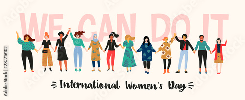 International Womens Day. Vector illustration with women different nationalities and cultures.