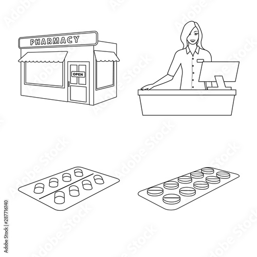 Vector design of pharmacy and pharmaceutical icon. Collection of pharmacy and health stock vector illustration.