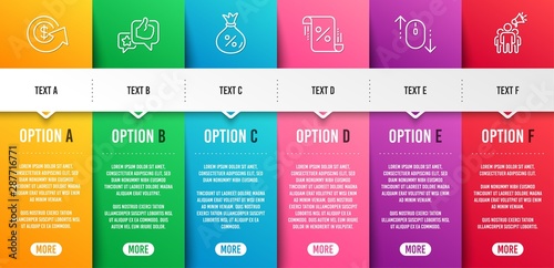 Loan, Loan percent and Scroll down line icons set. Infographic timeline. Like, Dollar exchange and Brand ambassador signs. Money bag, Discount blueprint, Mouse swipe. Star rating. Vector