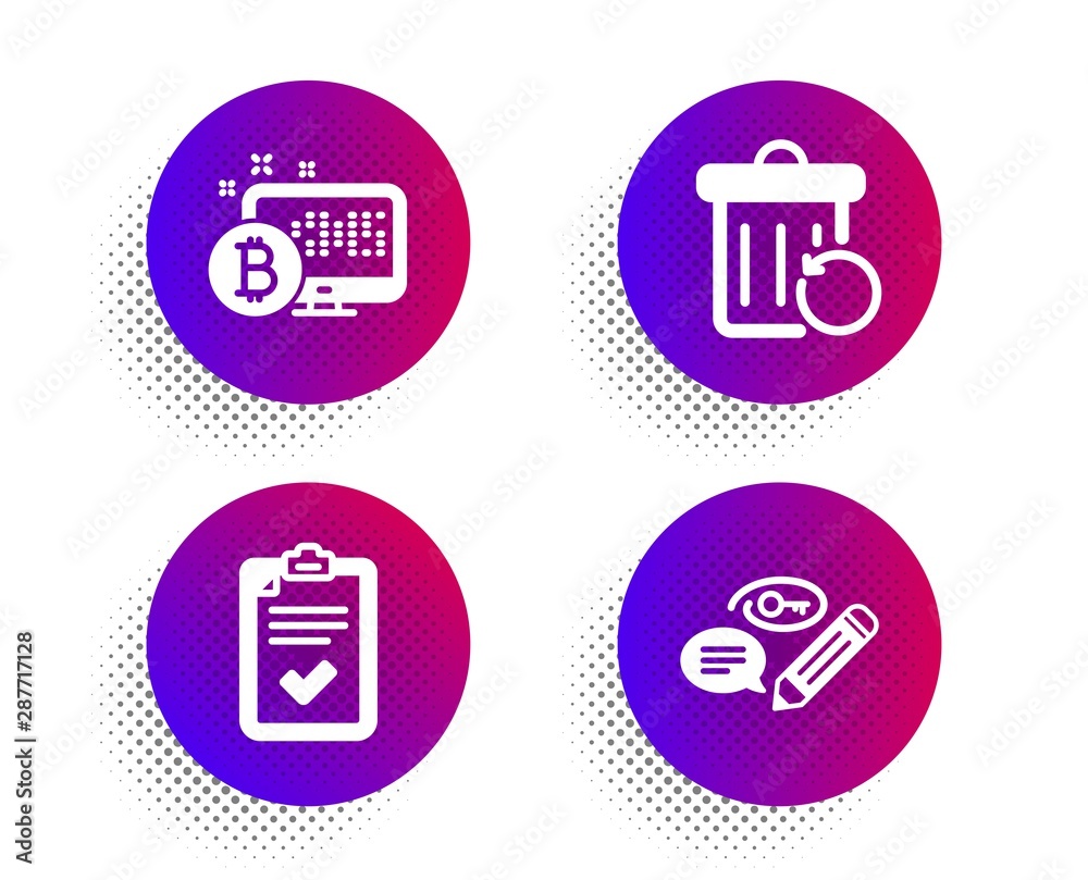 Bitcoin system, Recovery trash and Checklist icons simple set. Halftone dots button. Keywords sign. Cryptocurrency monitor, Backup file, Survey. Pencil with key. Business set. Vector Bitcoin system, Recovery trash and Checklist icons simple set. Halftone dots button. Keywords sign. Cryptocurrency monitor, Backup file, Survey. Pencil with key. Business set. Vector