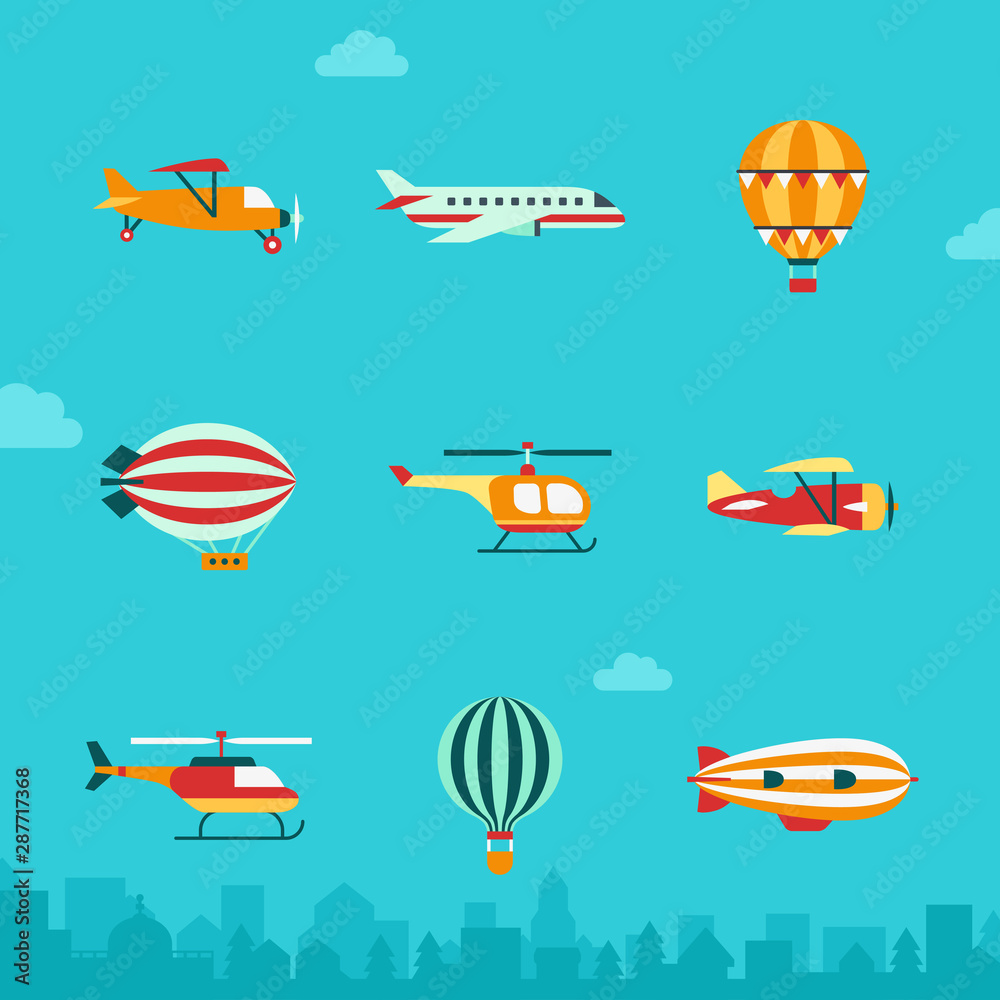 Obraz premium Air transport vector icon set (flat style). Part four.